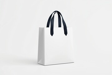 A minimalistic and elegant white shopping bag with black handles, isolated on a plain background. The bag has a clean, smooth surface with no branding, 