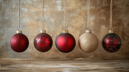 holiday ornament display, retro christmas ornaments dangle from twine with craft paper as a rustic backdrop, elevating the holiday decor with their vintage flair