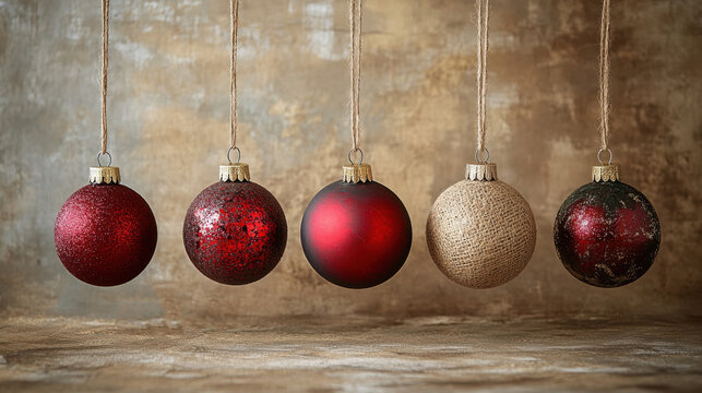 holiday ornament display, retro christmas ornaments dangle from twine with craft paper as a rustic backdrop, elevating the holiday decor with their vintage flair