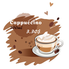 Vector illustration of an Cappuccino cup for a menu. Cafe. Coffee. Coffee beans. Coffee machine. EPS 10