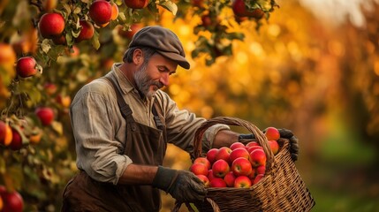 A farmer harvesting ripe apples in an orchard during the autumn season, the trees heavy with fruit, with baskets filled with red apples, capturing the essence of harvest time and the abundance of natu