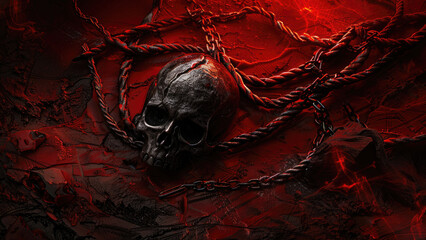 Black skull entangled in chains with red lighting.