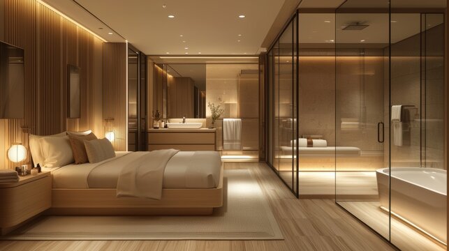 luxury hotel room design, luxurious hotel room bathroom features functional and stylish reeded glass panels, enhancing the guests experience with a touch of elegance
