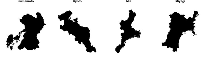 Naklejka premium Kumamoto, Kyoto, Mie, Miyagi outline maps