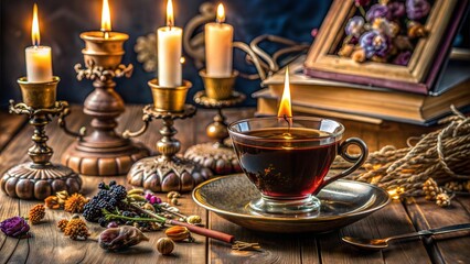 Rustic Candlelit Tea with Dried Flowers and Vintage Books