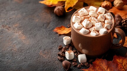 concept banner of fall comfort food hot chocolate with marshmallows in a cozy mug amidst colorful fall leaves, with space for text