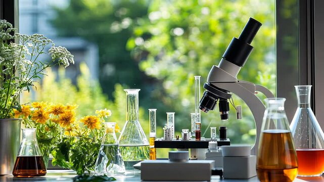 Laboratory with microscope, test tubes, and flasks by a window with flowers