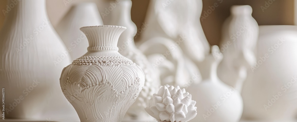 Sticker white ceramic vases and flower sculpture