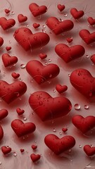 Red hearts of different sizes covered with water drops lie on a light textured background