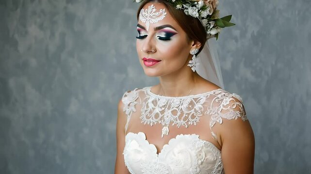 Bride in strapless white gown with delicate Day of the Dead makeup against a light gray background