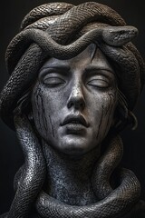 Photo of dark Medusa sculpture with snakes coiled around head, detailed textures, and closed eyes