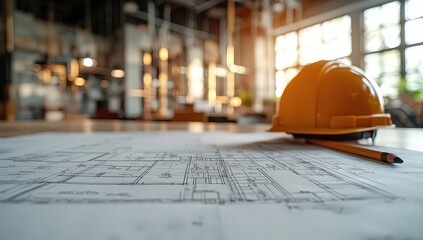 Blueprints and architectural drawings on an office table, with a construction helmet in the background