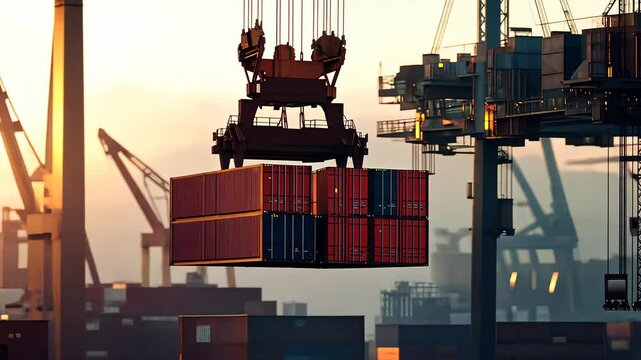 Cargo crane lifting a red shipping container at a dockside port with calm water and distant industrial landscape