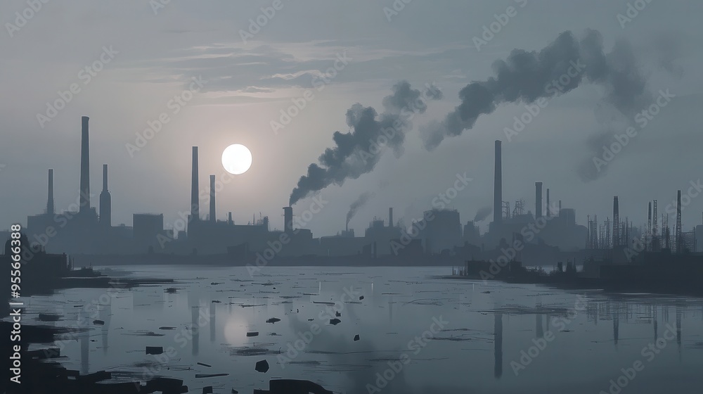 Poster a thick layer of smog obscures a city skyline as factories emit smoke and a river collects floating 