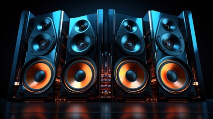 speaker system on a black background in blue and orange lighting, 3d illustration 
