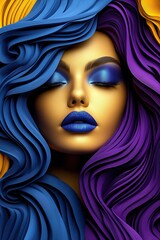 Fototapeta premium 3D rendering of a stylized woman's face with vibrant blue and purple flowing hair