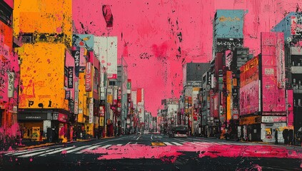 A collage of Tokyo street with buildings, featuring a pink and yellow color palette