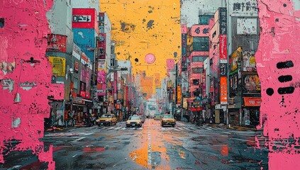 Fototapeta premium A collage of Tokyo street with buildings, featuring a pink and yellow color palette