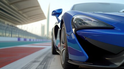 A stunning blue sports car accelerates on the racetrack, showcasing its glossy details and powerful design against vibrant red racing stripes and autumn foliage