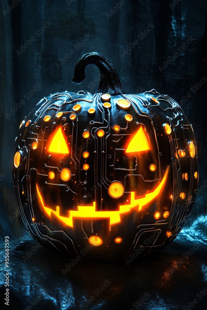 Wall mural halloween pumpkin carved with circuit board design, glowing in the dark