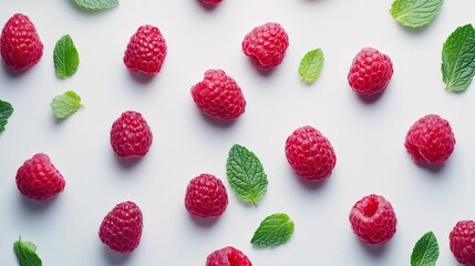 A flat lay of fresh raspberries and mint leaves on a white background.