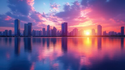 Fototapeta premium A stunning city skyline at sunset with vibrant colors reflecting on the calm water, creating a serene and picturesque urban landscape.