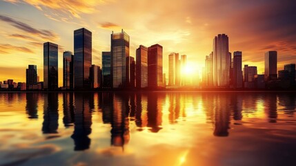 Obraz premium A dramatic sunset over a city skyline with tall skyscrapers reflecting vividly on the water, creating a warm and captivating urban scene.