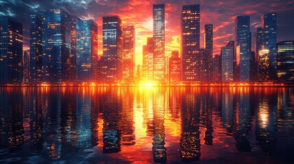 Fototapeta premium A dramatic sunset reflects off a city's glass skyscrapers, casting fiery orange and red hues across a calm water surface.