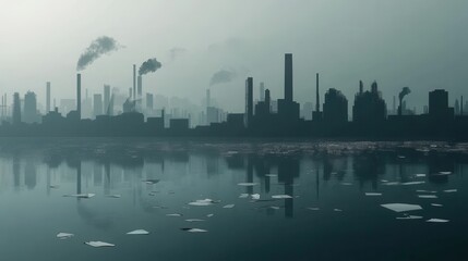 Obraz premium A dense layer of smog envelops a cityscape, with factory silhouettes and polluted waters strewn with plastic waste. Generative AI