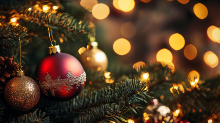 Ornate Christmas ornaments and warm lights create a festive atmosphere on a decorated tree during the holiday season