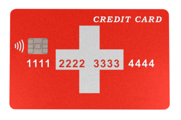Plastic credit card in the shape of the Swiss flag (close-up on transparent background). Online credit card payment for purchases in online stores. Banking, e-commerce and business concept