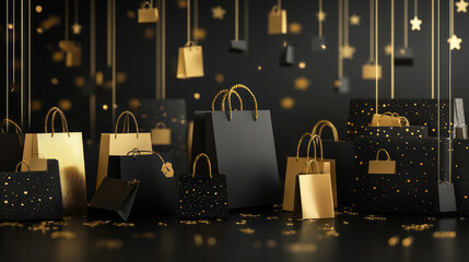 Elegant black and gold shopping bags displayed with hanging decorations during a festive celebration at night