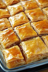 Photo of freshly baked baklava squares with glossy golden layers of pastry and sweet syrup