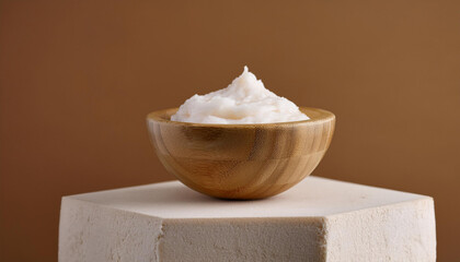 Wooden bowl of shea body butter on stone pedestal. Organic skin care cosmetics. Beauty product