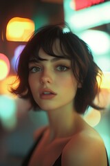 Photo of woman with short dark hair in urban setting with blurred neon lights in the background