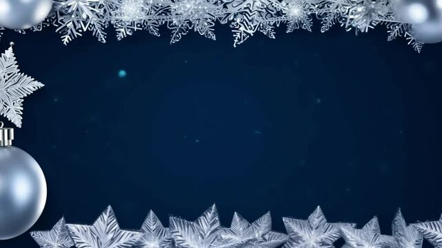 Silver snowflake decorations and ornaments on a dark blue background, creating a festive Christmas border with space for text