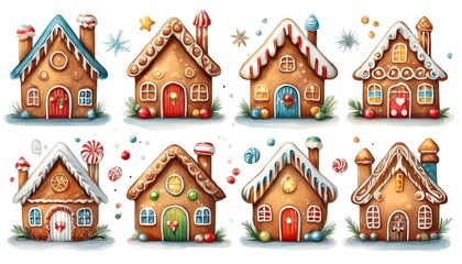 Whimsical gingerbread houses collection featuring playful designs and candy accents in a delightful colorful setup. Graphic art illustration elements
