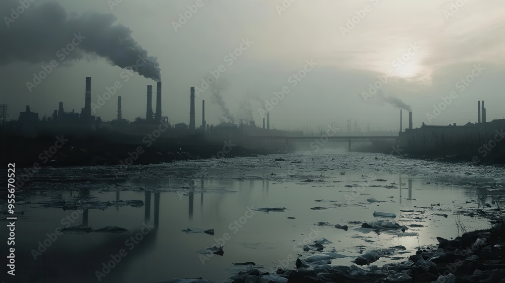 Poster a dense blanket of smog obscures a city skyline, while factories release smoke and plastic debris fl