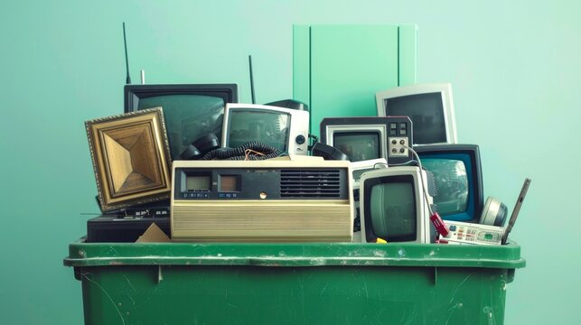 A pile of old televisions and electronics fills a green dumpster. The image captures the essence of technology waste. It highlights the need for recycling and proper disposal. AI