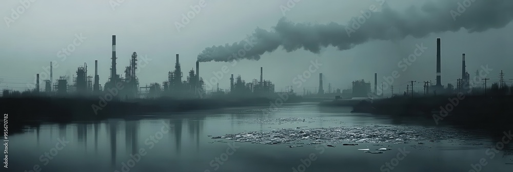 Poster a dense layer of smog envelops a city skyline, revealing factory silhouettes and a river choked with