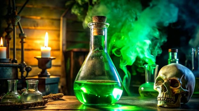 Witch's Green Potion in Alchemy Lab with Smoke and Skull