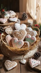 Fototapeta premium Painted gingerbread in a straw basket bakery products gingerbread in the shape of a heart place