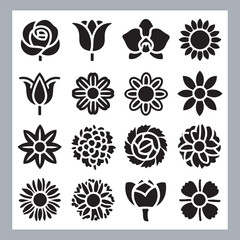 Set of logotype icons flowers Rose, Tulip, Orchid, Sunflower, Lily, Daisy, Daffodil, Jasmine, Lavender, Marigold, Peony, Chrysanthemum, Hibiscus, Poppy, Violet silhouettes in white background