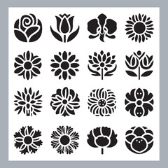 Set of logotype icons flowers Rose, Tulip, Orchid, Sunflower, Lily, Daisy, Daffodil, Jasmine, Lavender, Marigold, Peony, Chrysanthemum, Hibiscus, Poppy, Violet silhouettes in white background