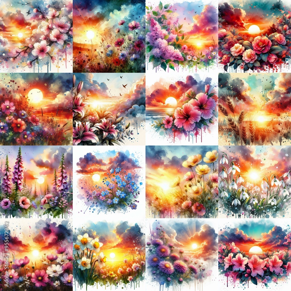 Poster watercolor flowers and sunset drawing style floral background. ai generated illustration