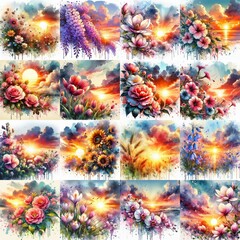 Fototapeta premium watercolor flowers and sunset drawing style floral background. AI generated illustration