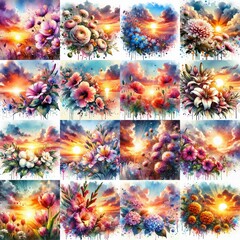 Fototapeta premium watercolor flowers and sunset drawing style floral background. AI generated illustration