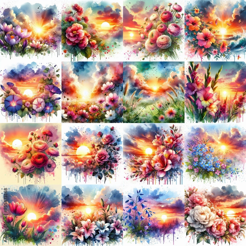 Poster watercolor flowers and sunset drawing style floral background. ai generated illustration