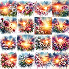 Fototapeta premium watercolor flowers and sunset drawing style floral background. AI generated illustration