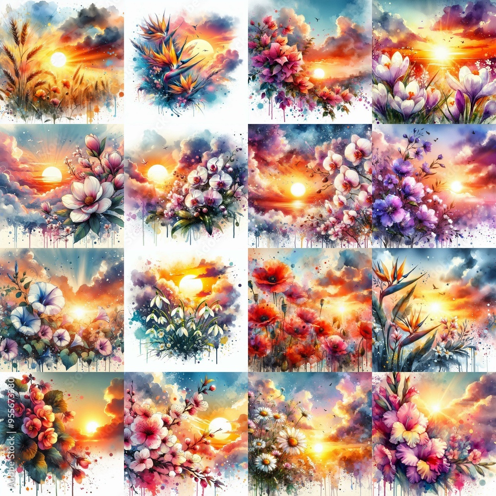 Poster watercolor flowers and sunset drawing style floral background. ai generated illustration